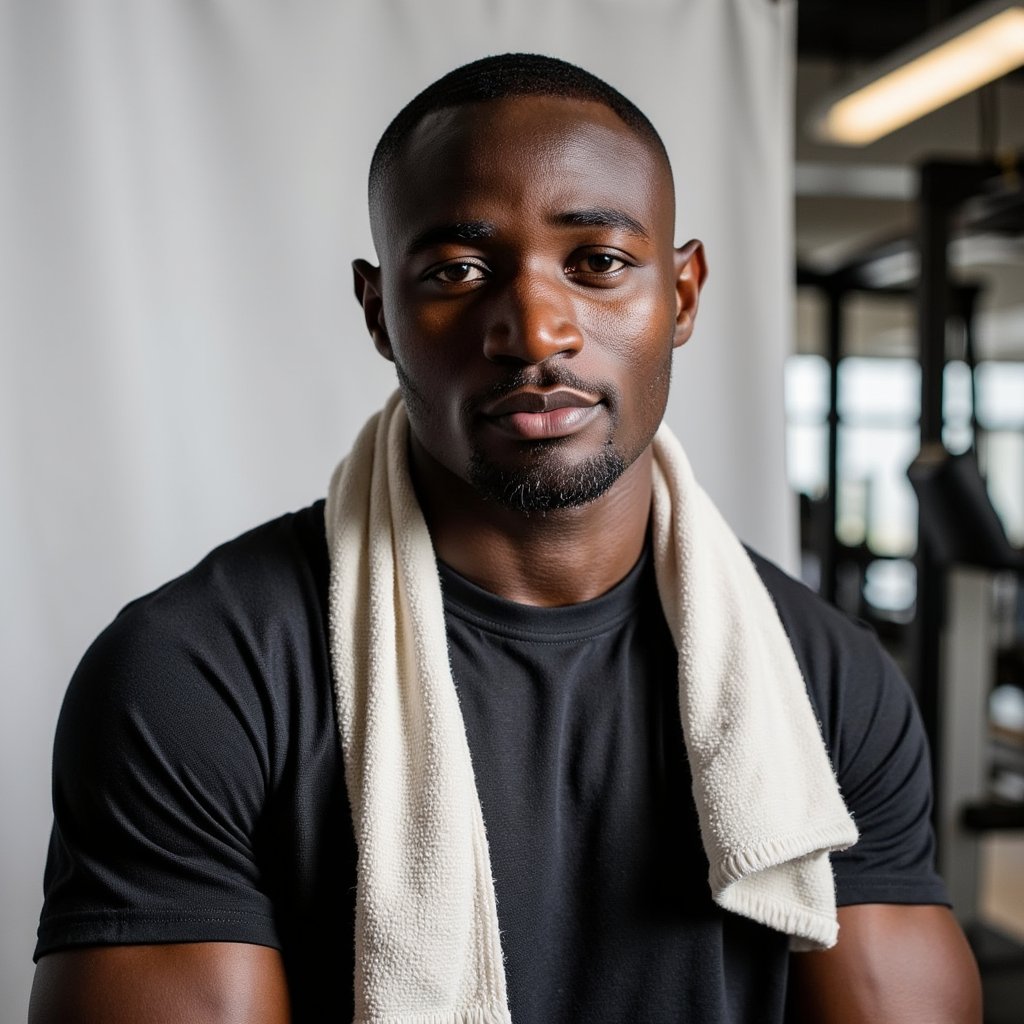 Man, athletic build, head-and-shoulders studio portrait with a towel draped around neck ends resting loosely on chest (hands relaxed down out of frame); neat short haircut, clean stubble, confident neutral expression; moisture-wicking black tee with fine micro-mesh paneling; high-key white seamless background; camera at eye level, 105mm, f/5.6, 1/160, ISO 100; clamshell lighting (large softbox above, reflector below) with subtle kicker from camera right to define jawline; ultra-clean background with no clutter; micro-contrast revealing skin texture, towel terry loops, and fabric weave; highly detailed, highly realistic, HDR, no text or watermark