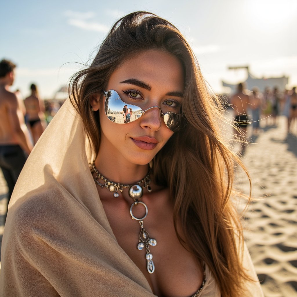 Artistic portrait of a Burning Man attendee wearing mirrored face gear and flowing desert cape, soft focus, surreal desert lighting
