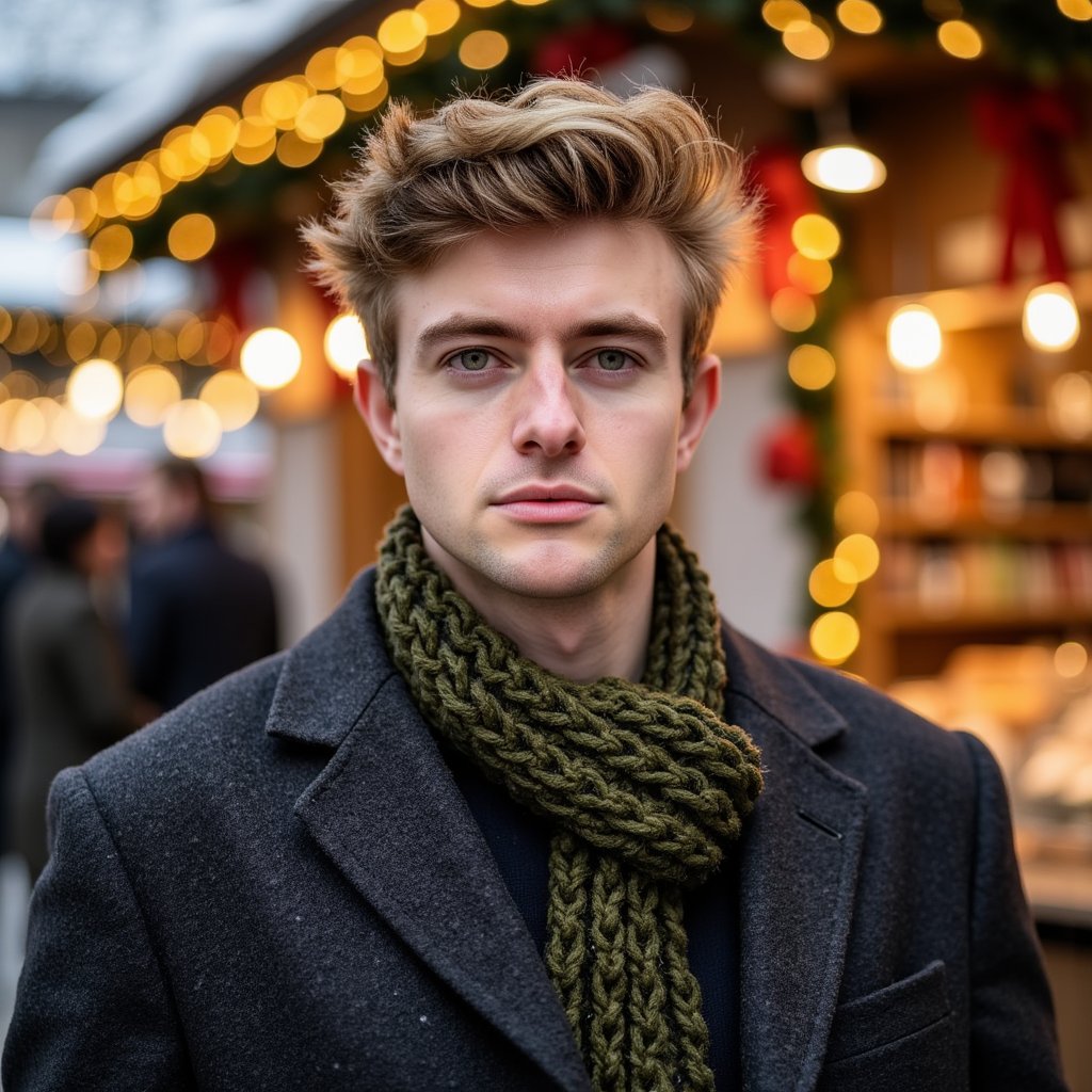 Head-and-shoulders portrait of a man at a Christmas market, framed slightly off-center. He wears a charcoal wool peacoat and a textured olive knit scarf wrapped neatly.
Hair: styled with matte texture; short beard with crisp definition.
Lighting: warm market stall lights from behind creating golden rim light, with soft diffused key from the front.
Background: blurred warm bokeh from market booths and string lights—no clutter, clean, inviting glow.
Camera: 50mm f/1.6; highly realistic, highly detailed, HDR, revealing wool fibers, scarf stitching, and rich market light.