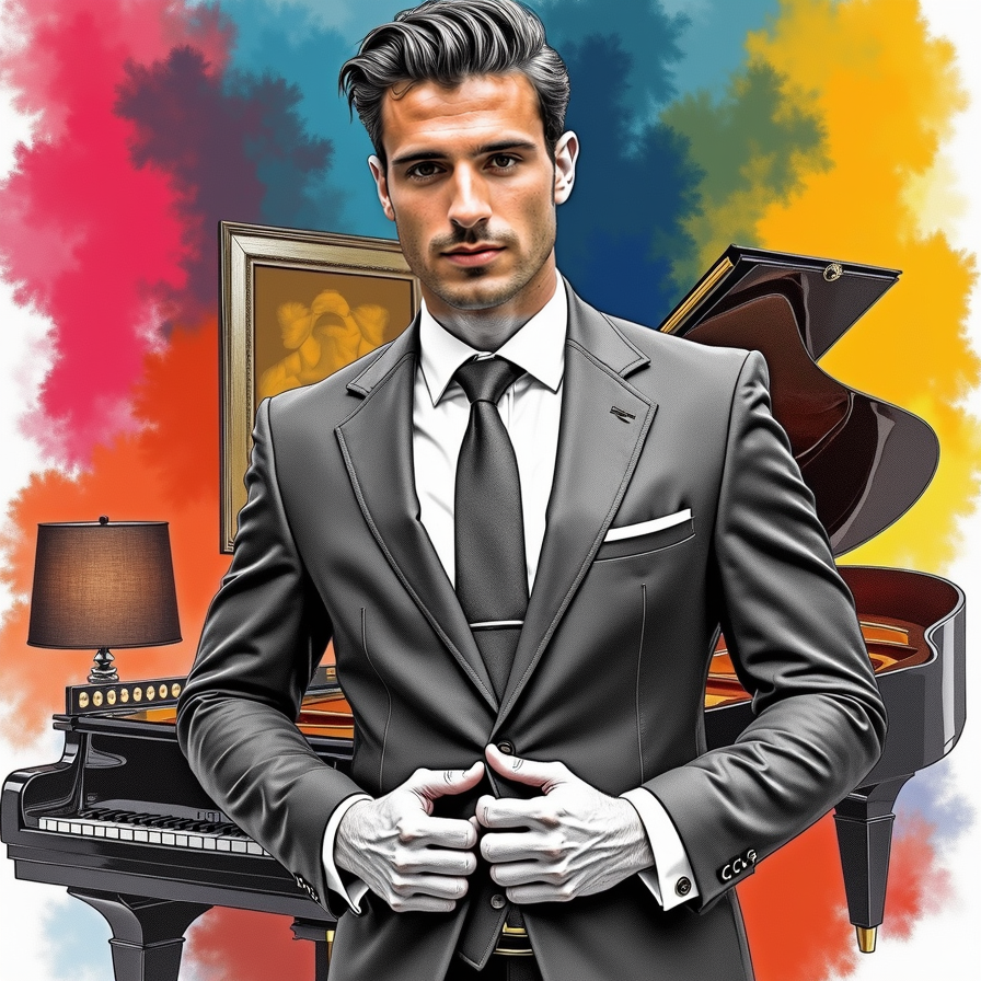 man wearing luxurious suit, surrounded by wealth and opulence, standing in a lav