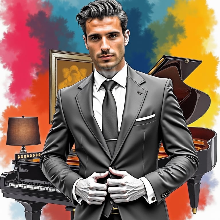 man wearing luxurious suit, surrounded by wealth and opulence, standing in a lav
