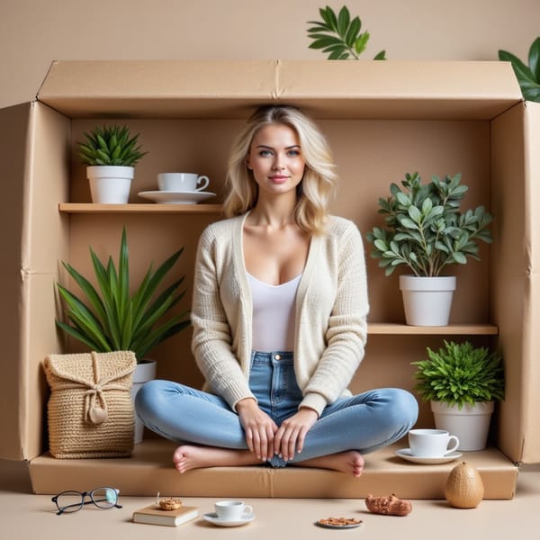 Woman sitting cross-legged in the box, cozy cardigan, surrounded by plants, books, glasses, tea mug