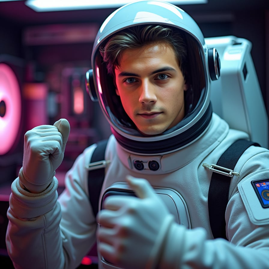 Futuristic spacesuit, cosmic lights, wormhole, otherworldly ambiance.