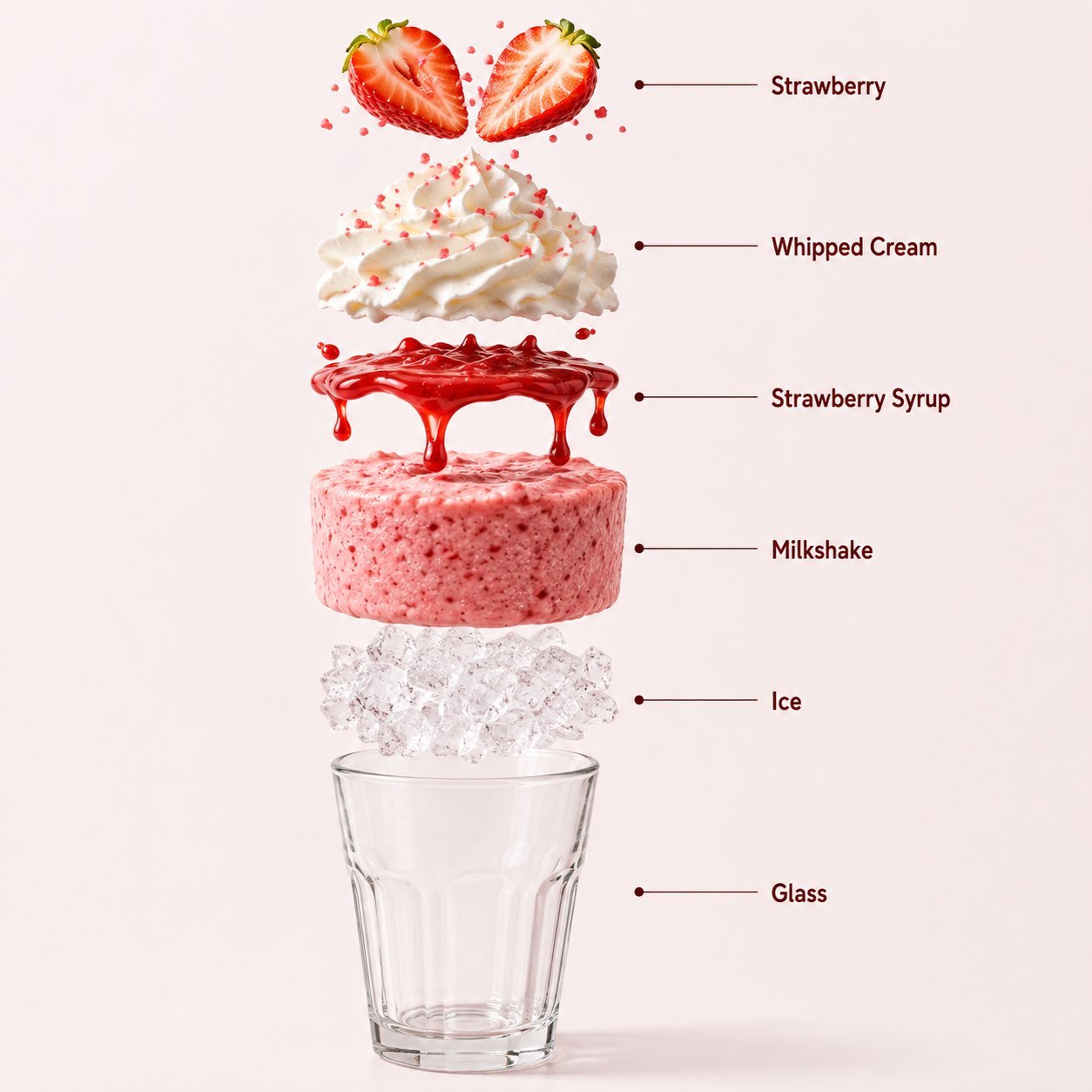 An exploded vertical infographic composition of a strawberry milkshake