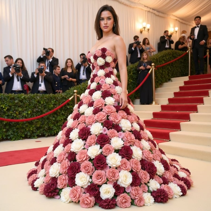 A high-fashion Met Gala red carpet image of a woman in a surreal floral couture gown. The dress is made of layered 3D roses, peonies, and petals in blush pink, ivory, and wine tones, forming a sculptural silhouette around the body. The neckline blooms upward around the shoulders, and the train spills across the carpet like a garden. Add soft glamorous makeup and floral jewelry. Ultra-realistic editorial style, luxurious event ambiance, couture fantasy.