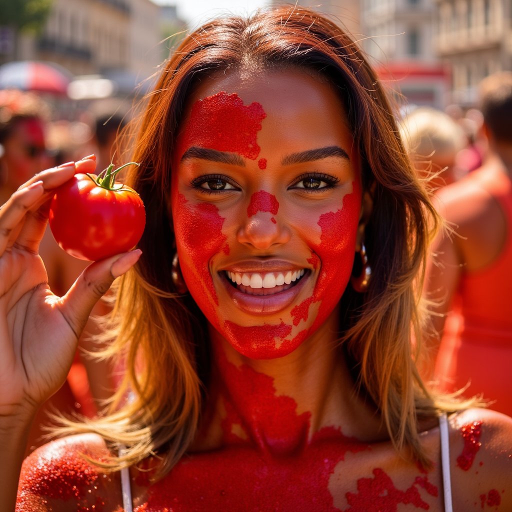 Portrait of a woman holding a crushed tomato up to the camera, cheek stained with pulp, smiling boldly, colorful La Tomatina energy