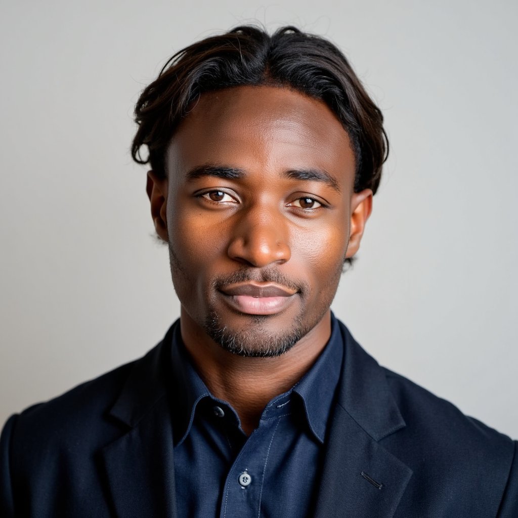 A highly realistic, highly detailed HDR passport photo of a man in his late 20s. He has medium-length wavy brown hair brushed backward neatly and a clean-shaven face. He wears a deep navy button-down shirt with a subtle cotton weave texture. Lighting is soft and frontal, with a mild vignette on the background. Background is light gray with an extremely subtle darkening toward the edges, still very clean for passport norms. Camera angle is straight-on, perfectly level with his eyes. His expression is neutral, mouth relaxed, eyes forward. Micro-details include shirt fibers, subtle skin texture, and natural highlights on the hair. Crisp, refined, and professional.