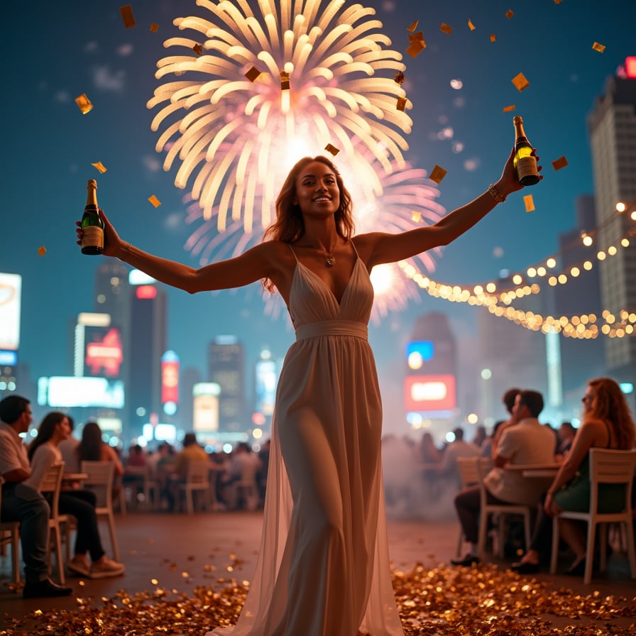 woman in elegant white dress, symbolizing new beginnings, with golden confetti falling around her, standing in front of a vibrant, glowing backdrop of fireworks, arms outstretched, hopeful and joyful expression on her face, holding a small notebook titled 'Goals for the Year Ahead' in her hand, under the magical, celebratory atmosphere of a firework-filled night sky.