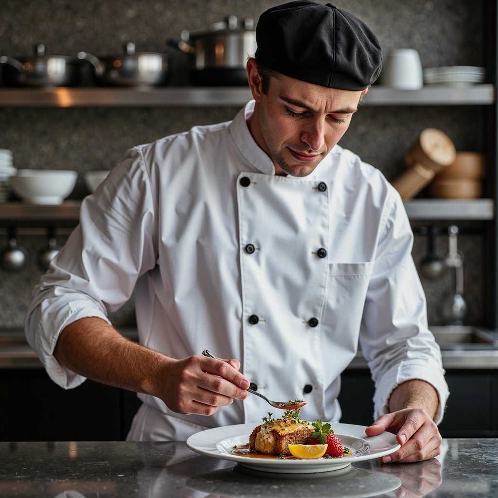 Highly detailed, highly realistic HDR portrait of a man chef in a spotless double-breasted cotton chef jacket with matte black buttons, sleeves neatly rolled; short trimmed beard, hair under black cap. Camera: 50mm lens, f/2.2, ISO 320, shot slightly above eye-level, waist-up angle to emphasize plated dish. Lighting: tungsten kitchen lights with softbox fill from camera left, gentle shadows to right; highlights glint on stainless counter. Pose: leaning slightly forward, right hand placing garnish with tweezers, focused expression. Background: softly blurred pass-through window and shelves of clean pans, minimal clutter.