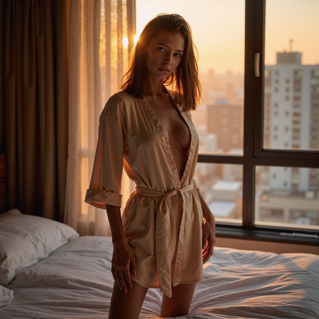 A highly realistic HDR half-body portrait of a 26-year-old female creator standing near a large window as golden sunset light spills across her skin, wearing a champagne silk robe tied loosely at the waist. Captured with a 35mm lens at f/2.0, warm golden light highlights her hair and collarbones while the background cityscape melts into soft orange bokeh, creating a radiant “Golden Sunset” mood.