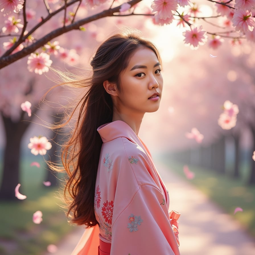 A young woman in a flowing pink kimono stands beneath a canopy of cherry blossoms, her long hair swaying in the gentle breeze. Soft sunlight filters through the petals, casting a dreamy glow on her face.