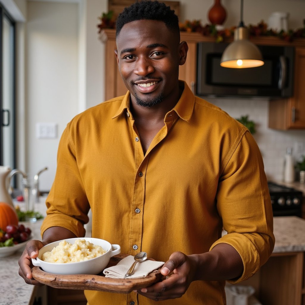 Highly realistic, highly detailed HDR image of a young Asian man (male, ~32 yrs) standing at a home kitchen island, waist-up, camera at slight side angle (~30°) from his left. He is wearing a mustard-yellow button-down flannel shirt with rolled-up sleeves and dark jeans (just barely visible), sleeves pushed up to forearms; his hair is dark brown, short on sides, slightly tousled top. Kitchen lighting: warm overhead pendant lights plus ambient daylight from a window behind the camera; soft highlights on his face and shirt. He is holding a carved-wood serving tray filled with mashed-potatoes-and-gravy bowl, slightly tilting forward as though offering it to someone. Facial detail: bright smile, teeth visible, light stubble, natural skin texture, warm brown eyes. Background: shallow depth of field blurs kitchen cabinets, a decorative pumpkin and autumn garland on the countertop behind; minimal clutter — a single glass of water and a linen napkin. Shirt fabric texture visible: flannel weave, rolled sleeves show wear. The image conveys friendly host, inviting Thanksgiving warmth.