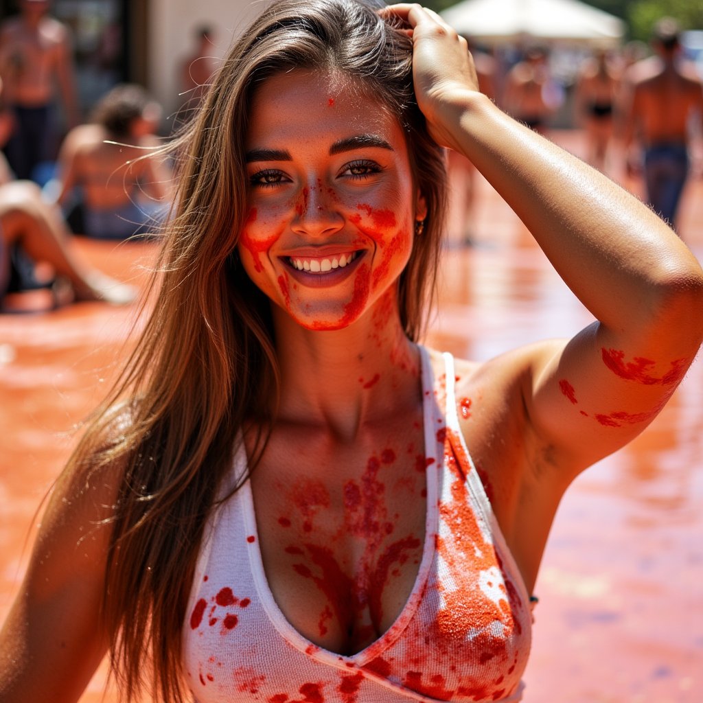 Knee-up portrait of a woman in a white tank top soaked with tomato sauce, one hand raised mid-throw, sunny outdoor light, La Tomatina energy