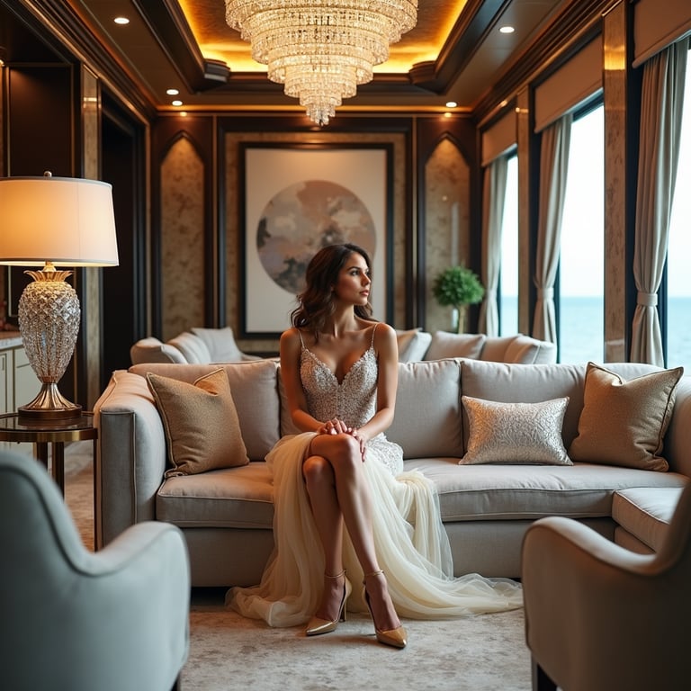 woman in elegant attire, surrounded by opulent decorations and lavish furnishing