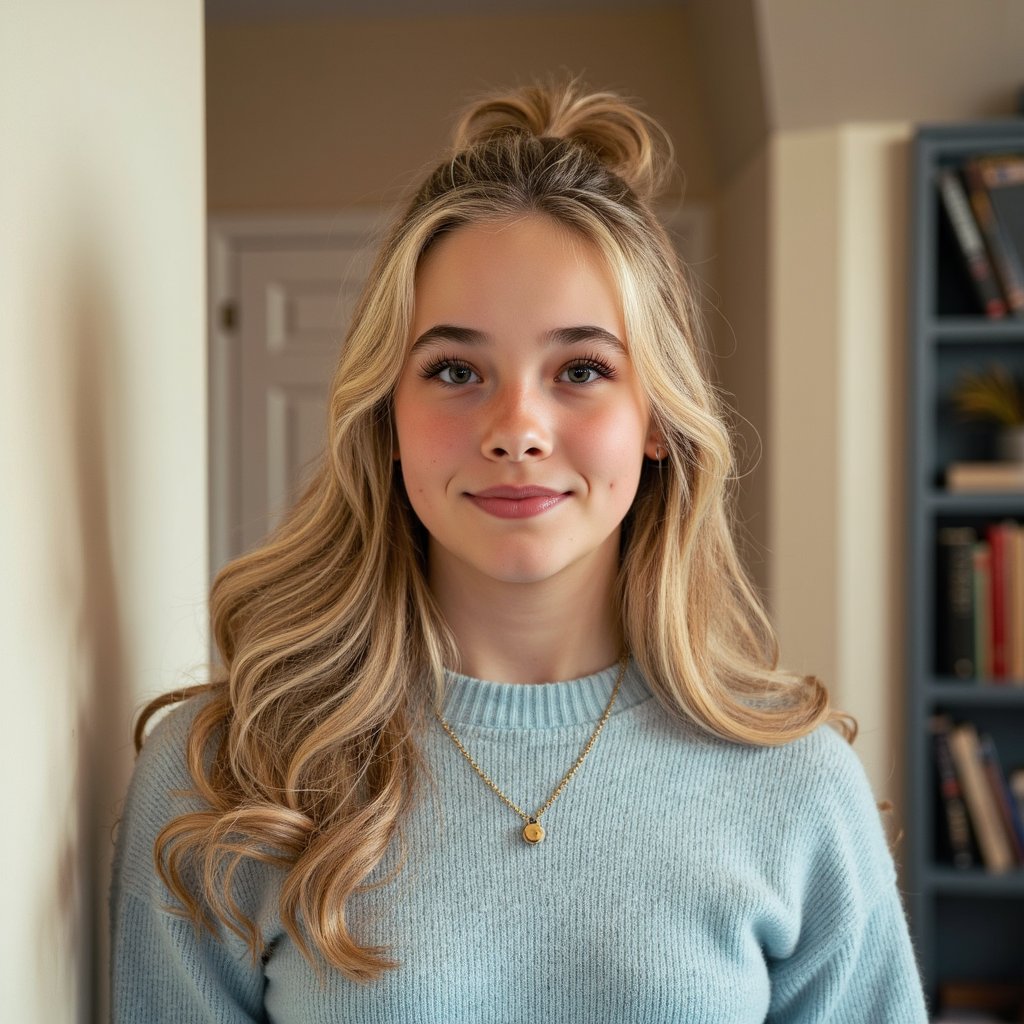 Ultra-realistic 1960s senior girl portrait, shot waist-up with an 85mm lens, shallow depth of field. She wears a fitted pastel blue wool sweater with a fine ribbed neckline, the weave visible in high resolution. Hair is styled in a high beehive, perfectly teased and pinned, with curled ends framing her jawline. A thin gold chain necklace with a small locket rests against the sweater, catching a pinpoint of light. Her eyes are hazel with natural light catch, lashes thickened with mascara, and a faint winged eyeliner. Skin shows lifelike texture — fine peach fuzz near the temples, soft freckles on the cheeks, and a natural sheen across the T-zone. Lips are lightly glossed pink, corners slightly upturned. Studio three-point lighting with a warm fill on the left, giving depth to cheek contours. Background is a smooth taupe muslin, blurred for subtle tonal gradient.