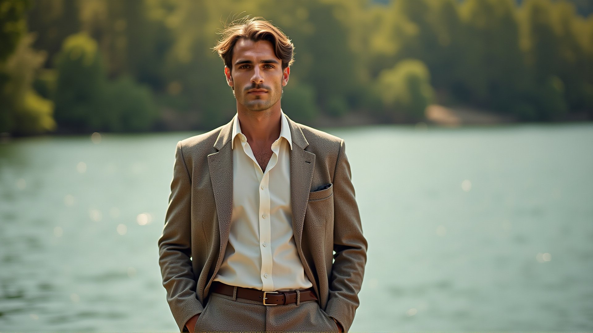 man in casual comfortable clothing, relaxed expression, standing on riverside against serene natural backdrop of calm river and lush greenery, soft sunlight filtering through trees