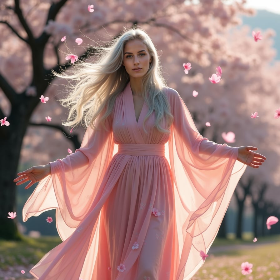A woman with long, silver hair stands on a hill covered in cherry blossoms, her arms outstretched as the wind lifts the petals into the sky. Her flowing gown blends with the sea of pink, creating a mesmerizing, almost surreal scene.
