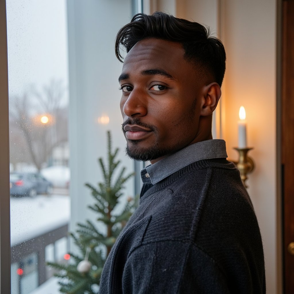 Waist-up portrait of a man standing at a frost-kissed bay window, turned 30° away from camera and gazing past the lens, off-center framing. He wears a charcoal wool cable-knit sweater layered over an oxford shirt with a slightly rumpled collar; fine wool fiber texture visible. Hair: short, side-part, lightly tousled; subtle weekend stubble. Lighting: cool north-light window key with a gold bounce fill from the right to add Christmas warmth; faint practical bokeh of a small tree in the background. Background: frosted glass with delicate condensation trails; minimal decor (a single brass candlestick out of focus). Camera: 50mm lens, f/2; highly realistic, highly detailed, HDR; crisp eye catchlights, sweater pattern sharply resolved; calm, still pose.