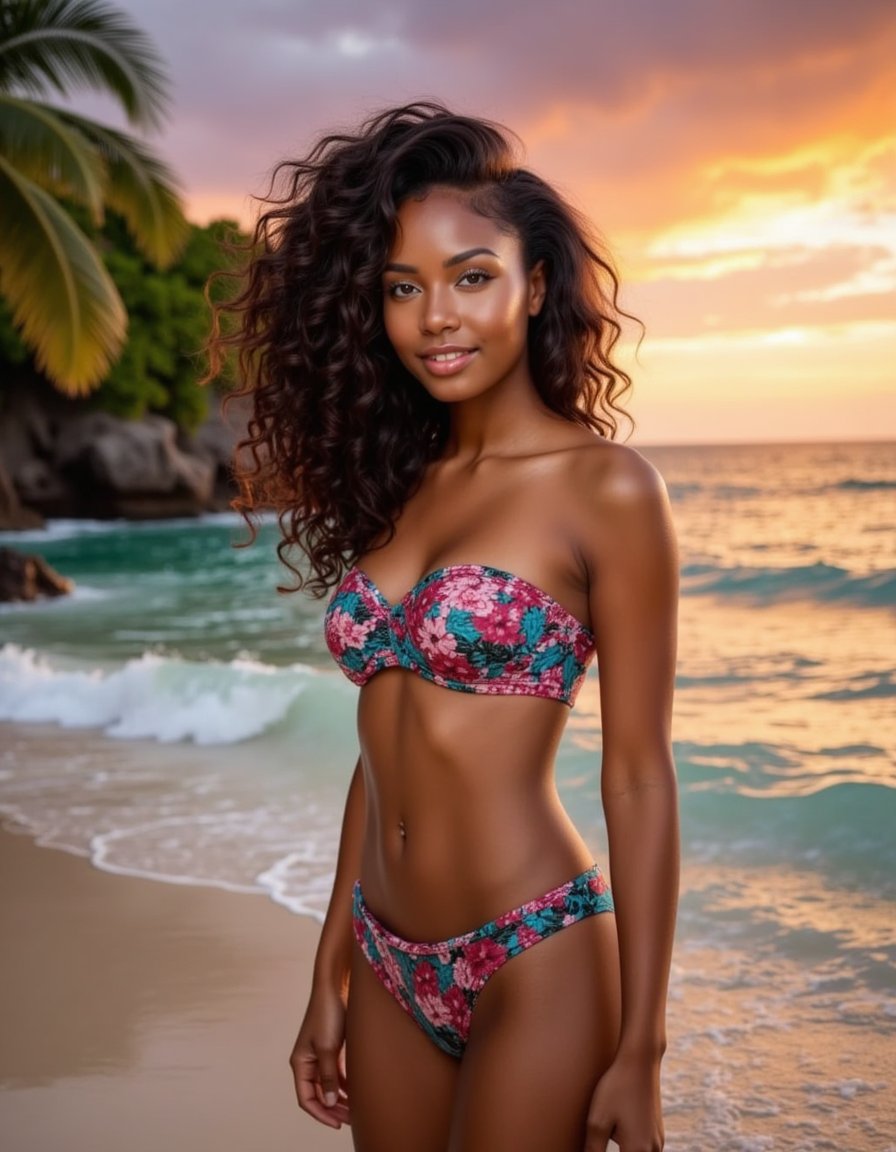 In the foreground, a woman with glowing skin stands confidently, wearing a vibrant floral bikini under the shade of swaying palm trees. Behind her, turquoise ocean waves lap gently against the shore.  In the background, a vibrant sunset sky blends from golden hues to deep oranges and pinks, illuminating the scene with a warm, relaxed tropical energy. 


