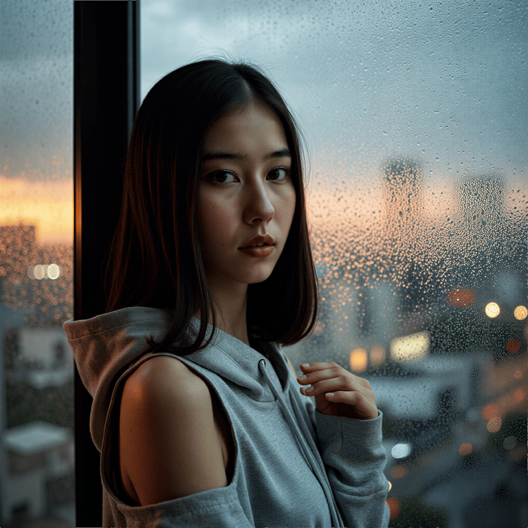 A cinematic emotional portrait of a woman (mid 20s) standing behind a rain-strea