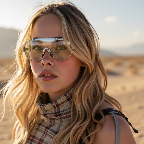 Editorial-style portrait of a futuristic desert wanderer, chrome mask pushed to the side, neutral expression, endless playa in the backdrop, high fashion Burning Man