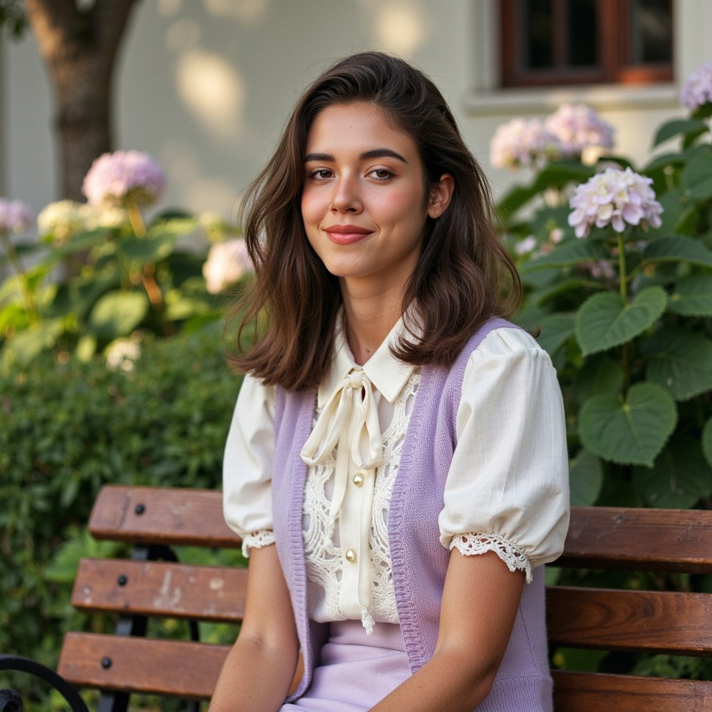 Highly detailed outdoor 1960s yearbook image of a girl seated on a wooden bench in the school’s garden, framed waist-up with a 50mm lens. She wears a cream blouse with puff sleeves in lightweight cotton, faint creases visible where her arms bend. Over it, a light cardigan in pale lilac, knitted with a delicate lace pattern, small pearl buttons fastened at the chest. Her hair is styled in shoulder-length curls with a silk scarf tied in a knot at the side. Skin is warm-toned with realistic sunlit glow on the cheekbones, a hint of mascara defining the eyes, and lips lightly tinted coral. She sits angled toward the camera, hands resting neatly in her lap, posture composed but relaxed. Background is softly blurred hydrangea bushes, their pastel blooms complementing her outfit, with golden-hour sunlight filtering through leaves.
