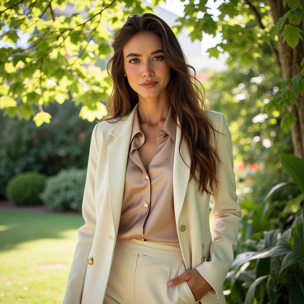 Knee-up portrait of an elegant woman standing outdoors in soft natural daylight, surrounded by gentle greenery. She wears a structured ivory blazer over a high-neck silk blouse tucked into tailored trousers, blending refined style with quiet confidence. Her long hair falls in smooth, loose waves over her shoulders, catching the light. She gazes calmly into the camera with a composed, self-assured expression. The background is softly blurred with sunlit leaves and subtle garden textures, creating a warm, organic atmosphere. Ultra-realistic, shallow depth of field, clean tones — modern influencer elegance with timeless outdoor charm.