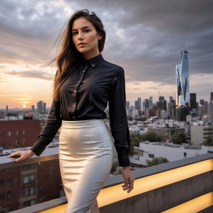 girl in a tailored suit, posing confidently, city skyscrapers in the background, sunset glow, luxurious atmosphere