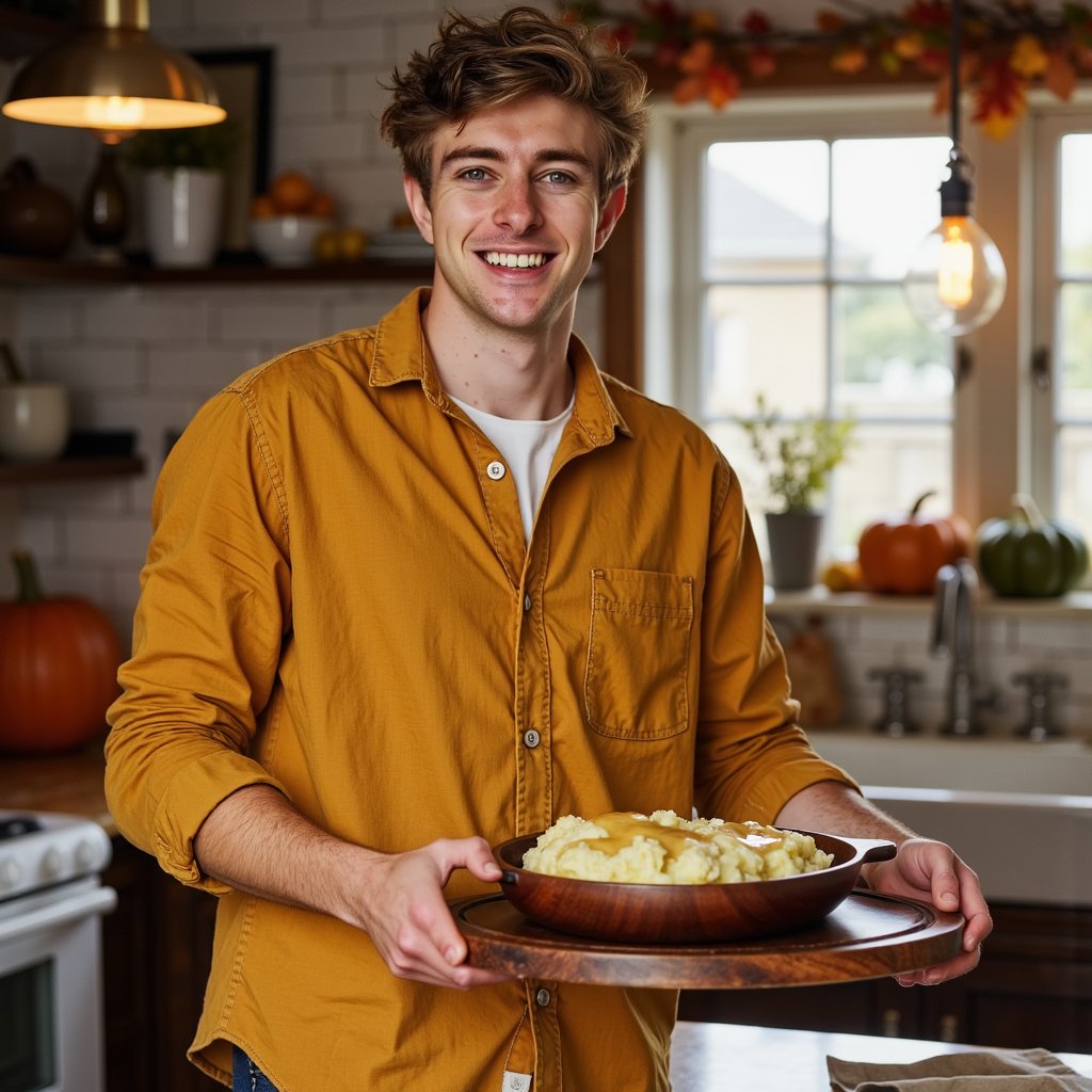 Highly realistic, highly detailed HDR image of a young man (male, ~32 yrs) standing at a home kitchen island, waist-up, camera at slight side angle (~30°) from his left. He is wearing a mustard-yellow button-down flannel shirt with rolled-up sleeves and dark jeans (just barely visible), sleeves pushed up to forearms; his hair is dark brown, short on sides, slightly tousled top. Kitchen lighting: warm overhead pendant lights plus ambient daylight from a window behind the camera; soft highlights on his face and shirt. He is holding a carved-wood serving tray filled with mashed-potatoes-and-gravy bowl, slightly tilting forward as though offering it to someone. Facial detail: bright smile, teeth visible, light stubble, natural skin texture, warm brown eyes. Background: shallow depth of field blurs kitchen cabinets, a decorative pumpkin and autumn garland on the countertop behind; minimal clutter — a single glass of water and a linen napkin. Shirt fabric texture visible: flannel weave, rolled sleeves show wear. The image conveys friendly host, inviting Thanksgiving warmth.