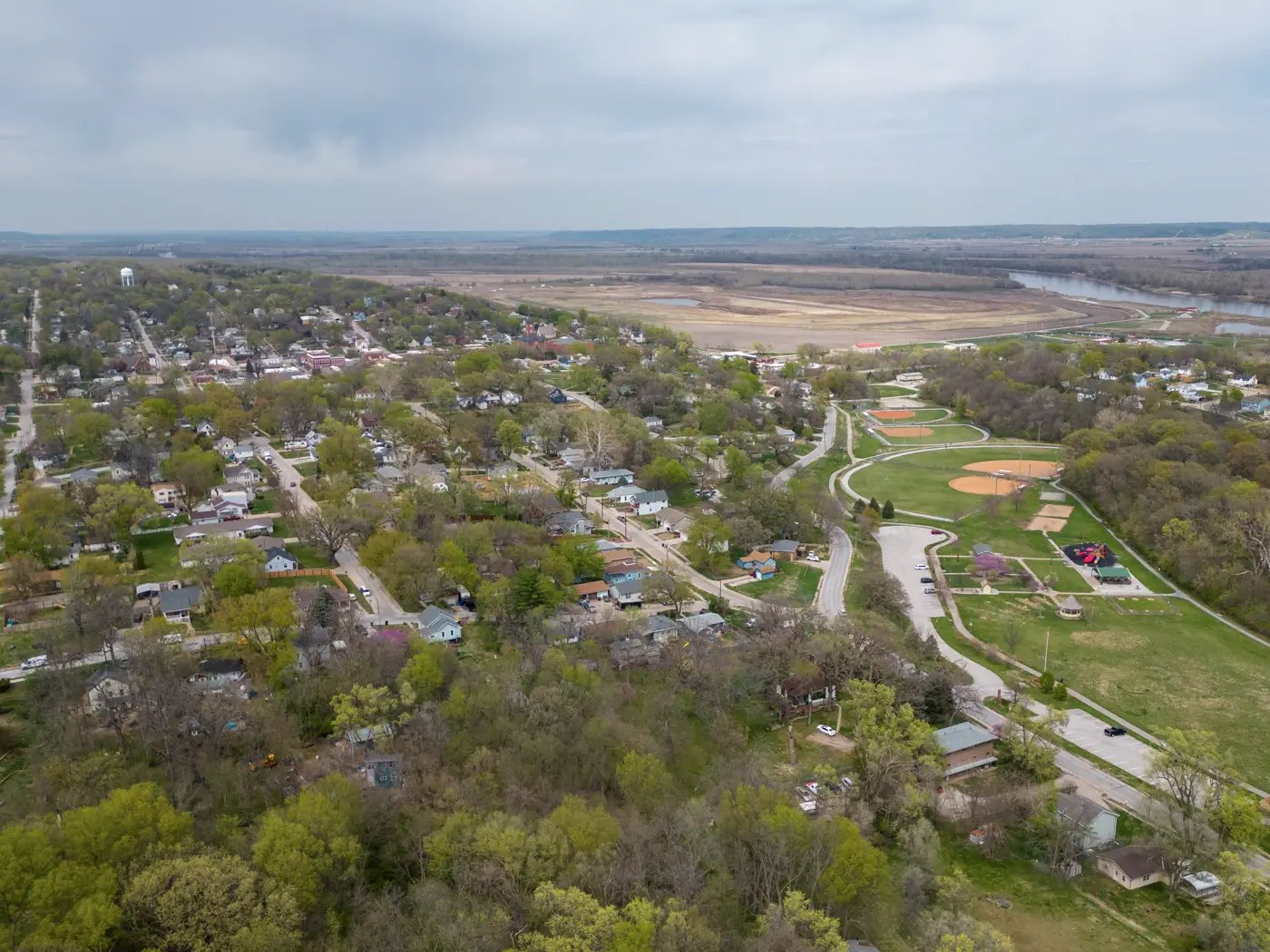 Aerial View of Plattsmouth with Rhylander Park and the Missouri River