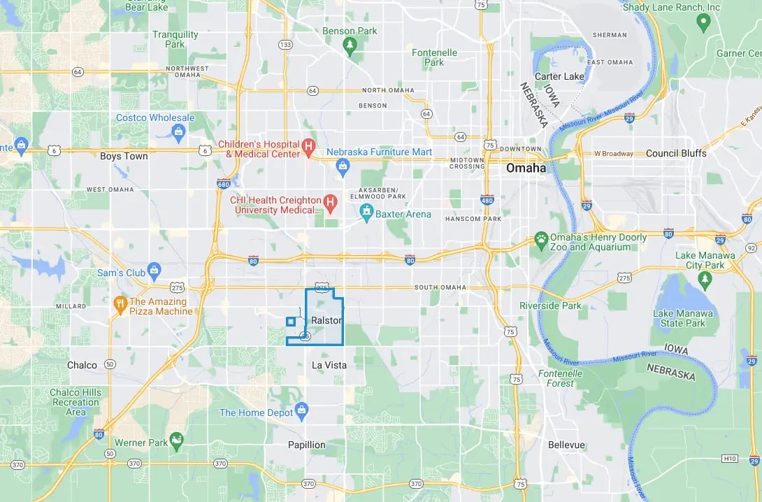 Location of Ralston on Omaha area map.
