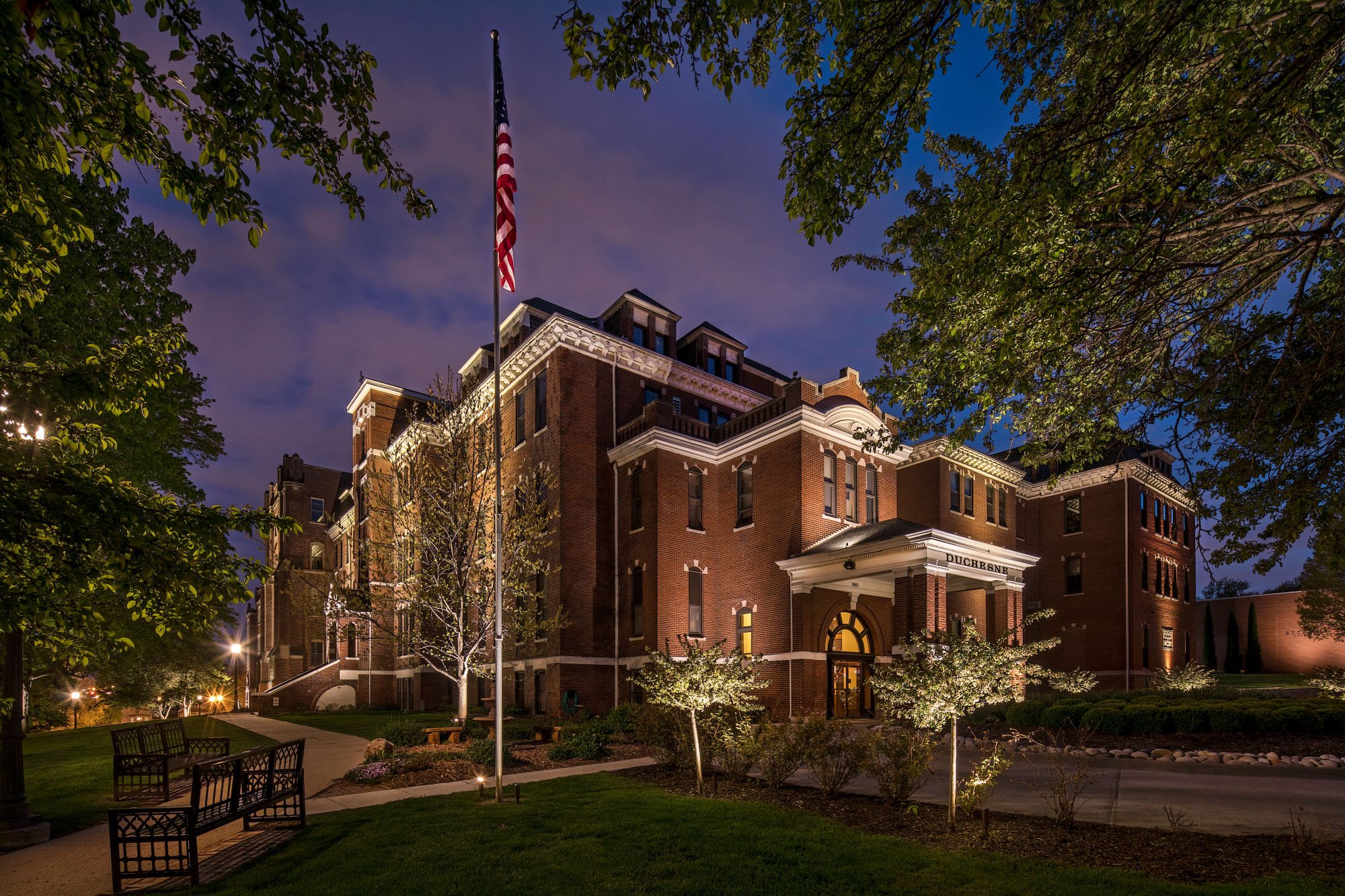 Night time exterior view of Duchesne Academy of the Sacred Heart in Omaha, Nebraska