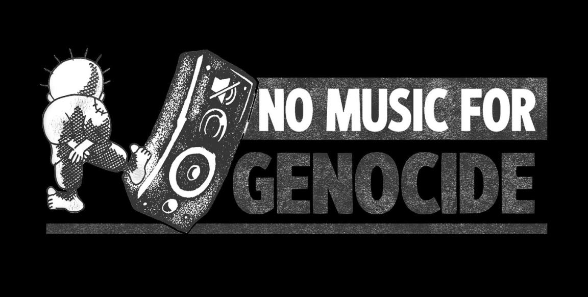 No Music for Genocide logo, a cartoon of Handala kicking over a speaker