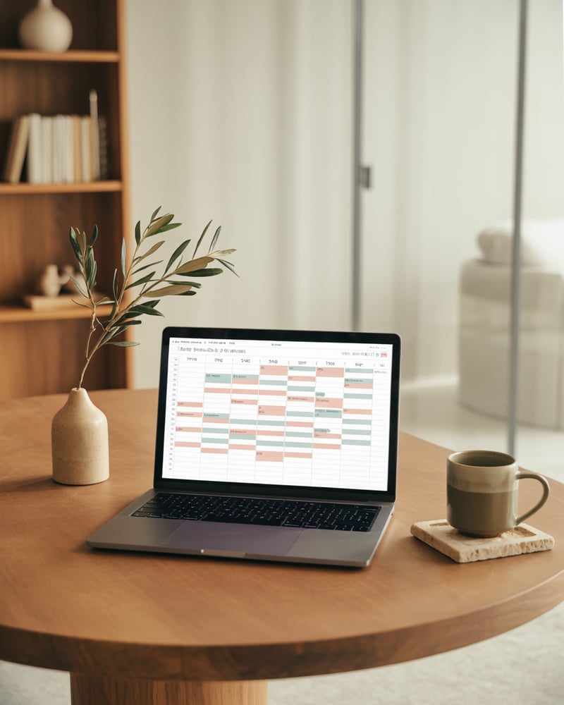 MacBook showing a fully booked appointment calendar on warm oak desk with olive branch