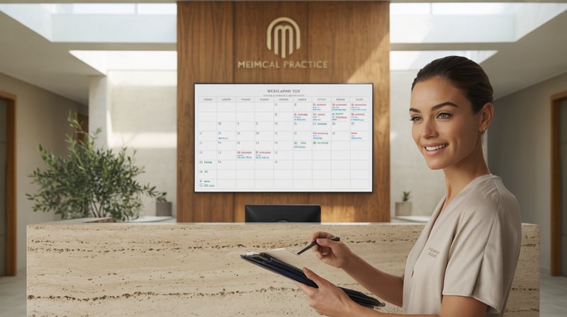 Medical practice reception with full appointment calendar on display