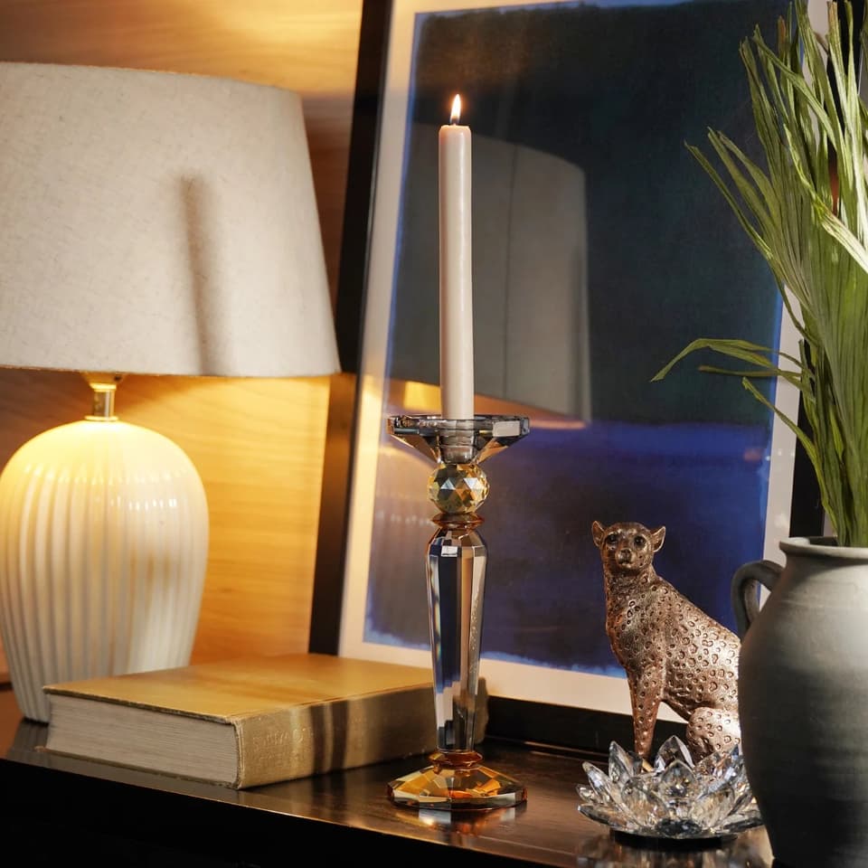 Striking 3 tone cut glass tall candle holder, stacked silhouette design, eye-catching centerpiece for home decor