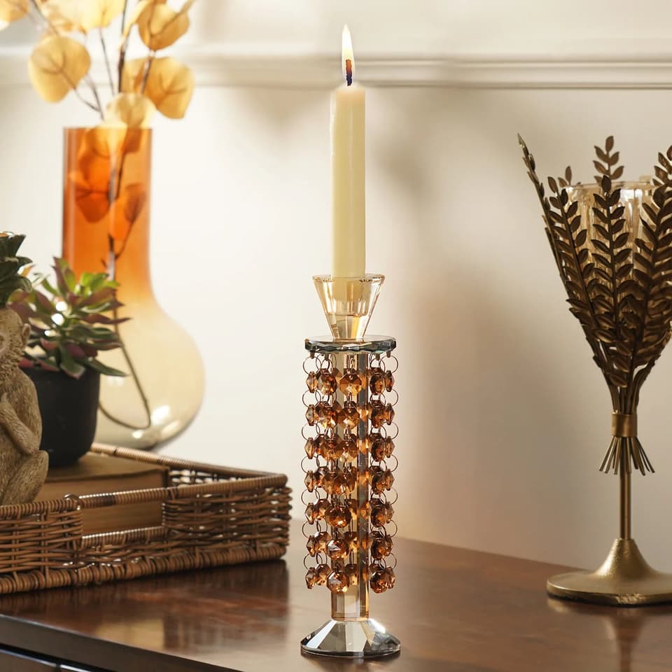 Dark amber glass taper candle holder with cascading amber crystal strands