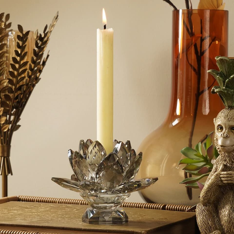 Grey crystal lotus candle holder, optic glass, faceted petals, divine elegance, pooja decor, table styling