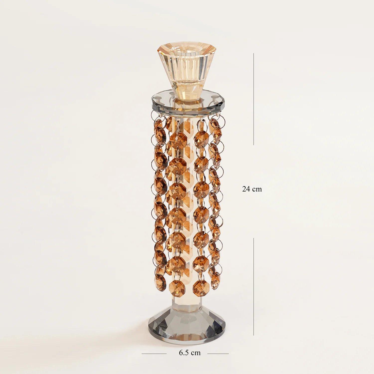 Dark Amber Tapered Candle Holder With Hanging Crystals thumbnail 2