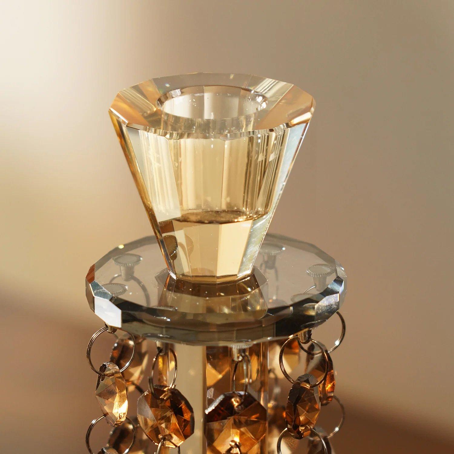 Dark Amber Tapered Candle Holder With Hanging Crystals thumbnail 6