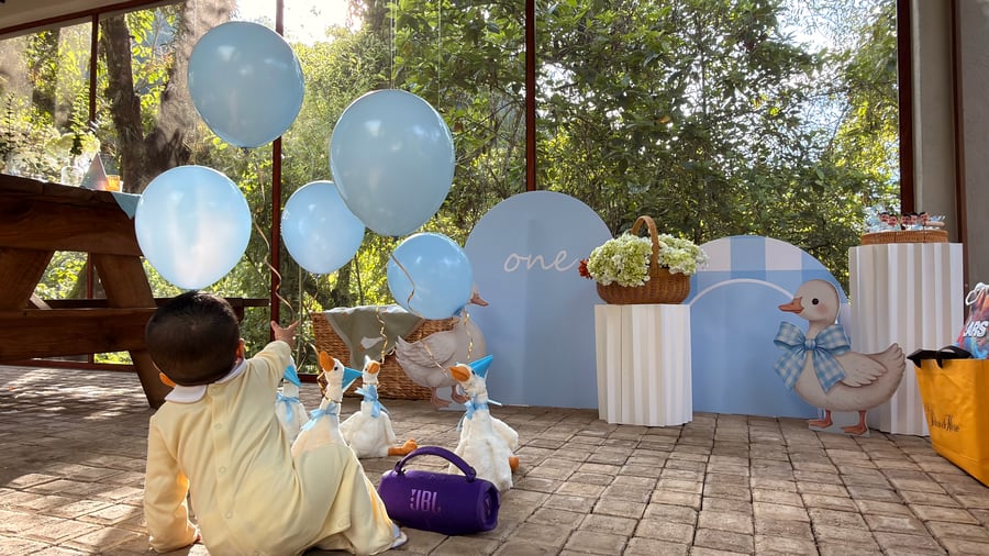 Escenario panorámico azul de primer cumpleaños con gansos, globos y flores de ETERIA.