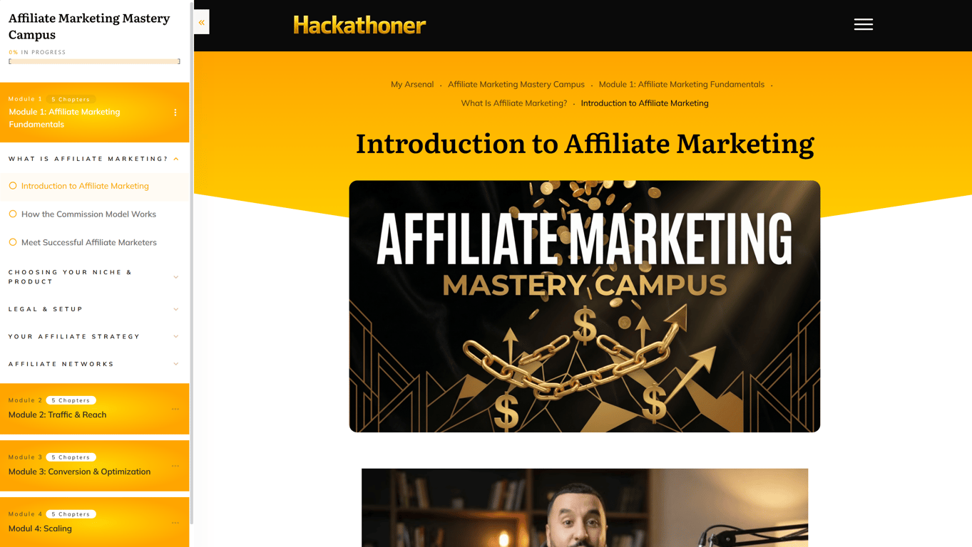 Hackathoner Lesson view showing video content, navigation and resources