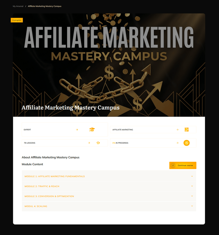 Hackathoner Affiliate Marketing Campus showing its module structure