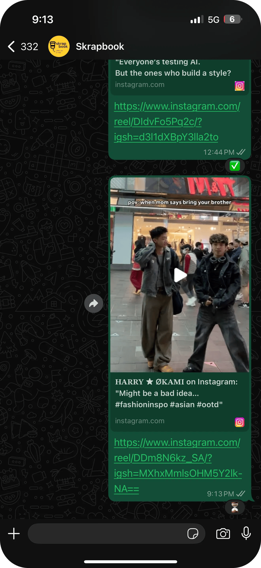 Instagram share sheet with Skrapbook WhatsApp