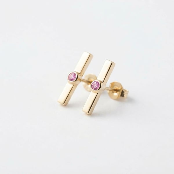 Three-quarter view — Wasfiyah 18K Gold Pink Sapphire Bar Earrings