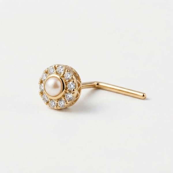 Three-quarter view — Salwa 18K Gold Pearl Halo Nose Pin