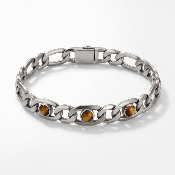 925 sterling silver Figaro chain bracelet with three flush bezel-set tiger eye stones on a white background