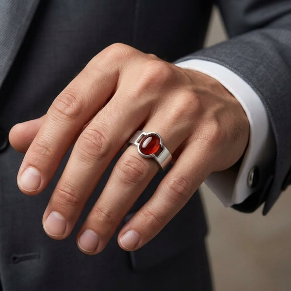 Sakhr Floating Red Aqeeq Silver Ring