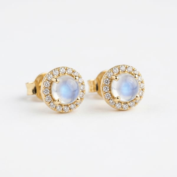 Pair of 18K yellow gold stud earrings with 5 mm round moonstones in a micro pav&eacute; halo setting on white background.