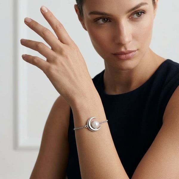 Nazeeha Silver Crescent Moon Pearl Bracelet